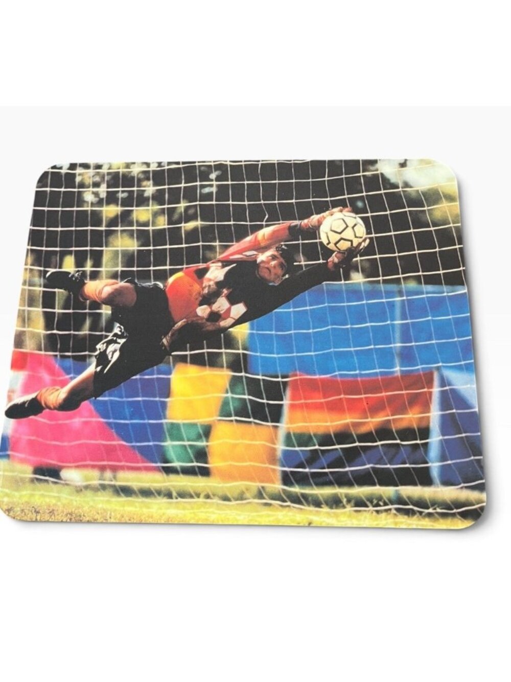 Soccer Goalie Action Shot Mouse Pad Goalkeeper Catching Ball Net Vintage